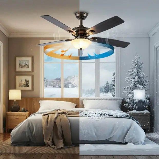 Ceiling fan in a bedroom illustrating summer and winter modes: left side shows counterclockwise rotation with downward airflow for summer, and right side shows clockwise rotation with upward airflow for winter. The room is split with warm summer elements on the left and snowy winter elements on the right